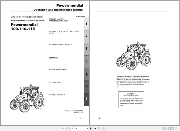 Landini Tractor Powermondial 100 110 115 Operators Maintenance Manual 3696399M2 EN 1