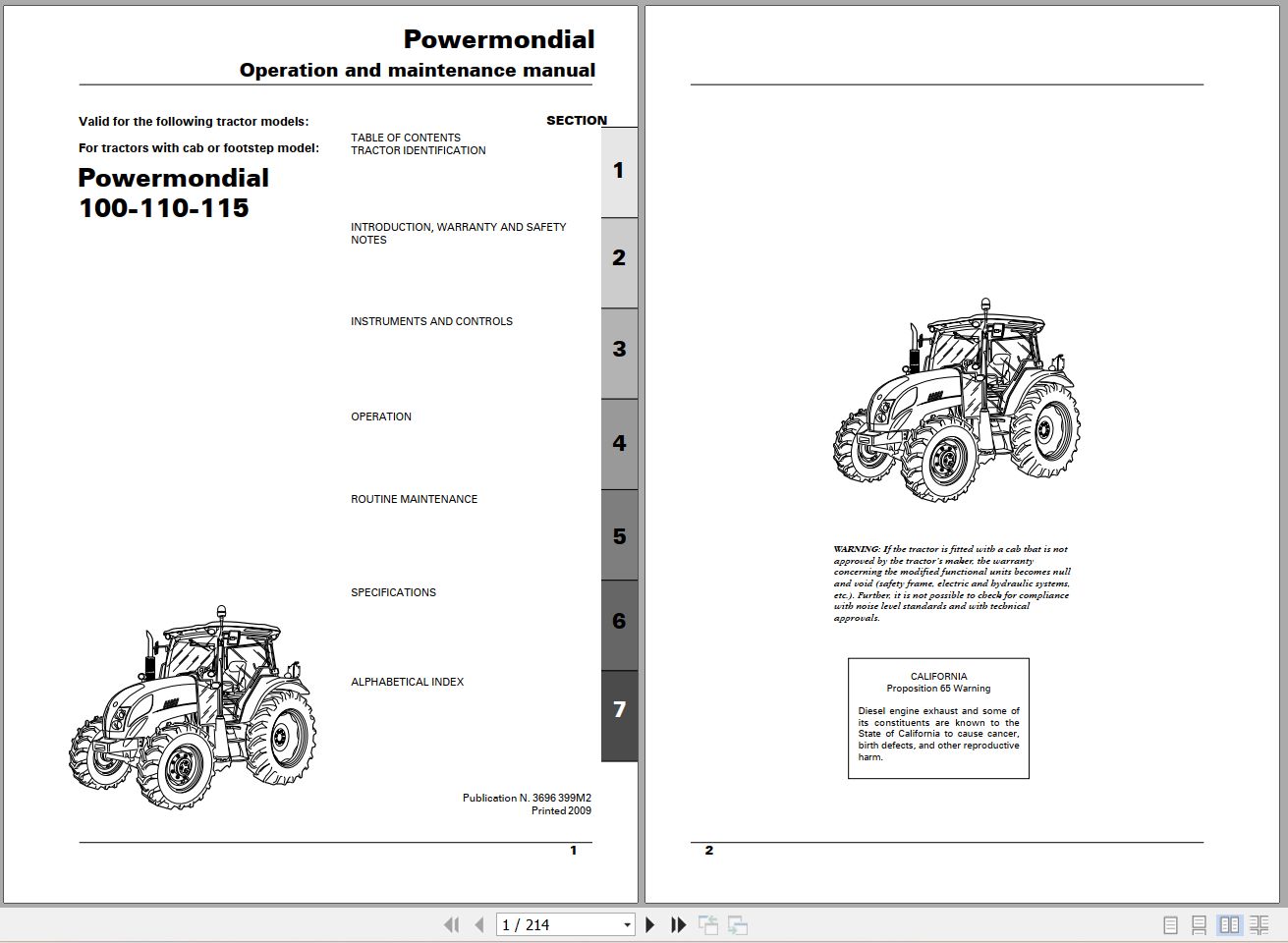 Landini Tractor Powermondial 100 110 115 Operators Maintenance Manual 3696399M2 EN 1