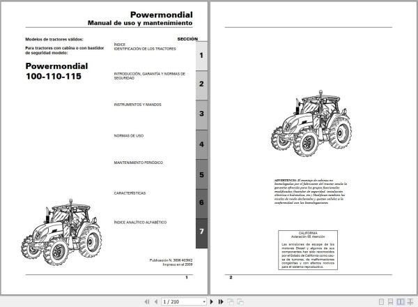 Landini Tractor Powermondial 100 110 115 Operators Maintenance Manual 3696403M2 ES 1
