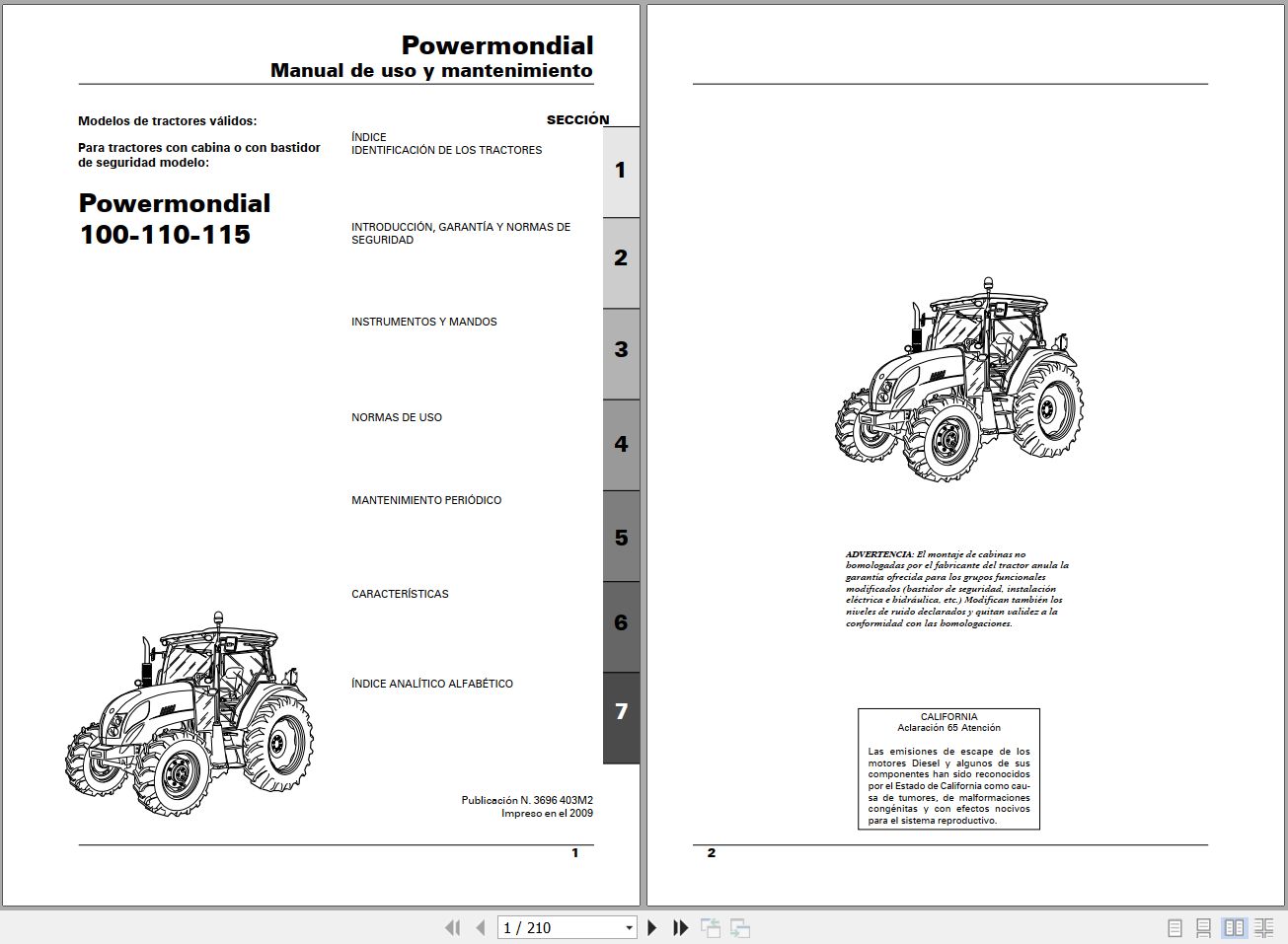 Landini Tractor Powermondial 100 110 115 Operators Maintenance Manual 3696403M2 ES 1