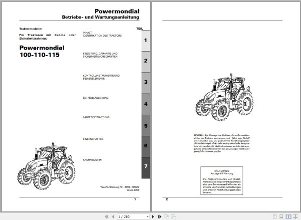 Landini Tractor Powermondial 100 110 115 Operators Maintenance Manual 3696405M2 DE 1