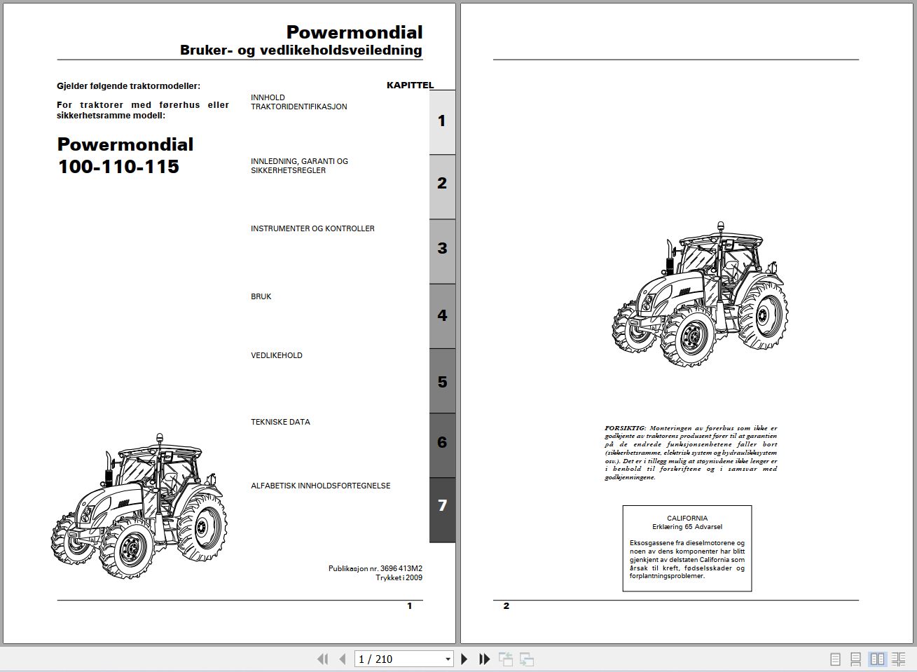 Landini Tractor Powermondial 100 110 115 Operators Maintenance Manual 3696413M2 NO 1