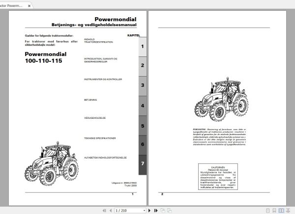 Landini Tractor Powermondial 100 110 115 Operators Maintenance Manual 3696415M2 DA 1