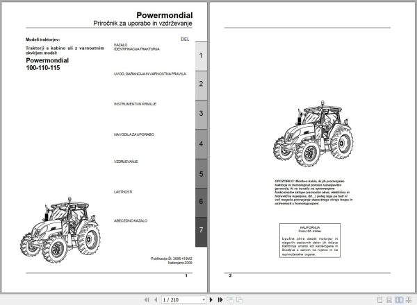Landini Tractor Powermondial 100 110 115 Operators Maintenance Manual 3696419M2 SL 1