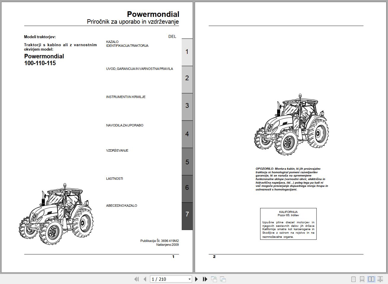 Landini Tractor Powermondial 100 110 115 Operators Maintenance Manual 3696419M2 SL 1