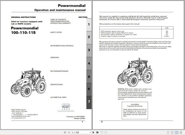 Landini Tractor Powermondial 100 110 115 Operators Maintenance Manual 6502452M1 EN 1