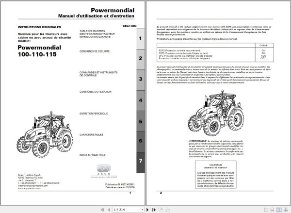 Landini Tractor Powermondial 100 110 115 Operators Maintenance Manual 6502453M1 FR 1