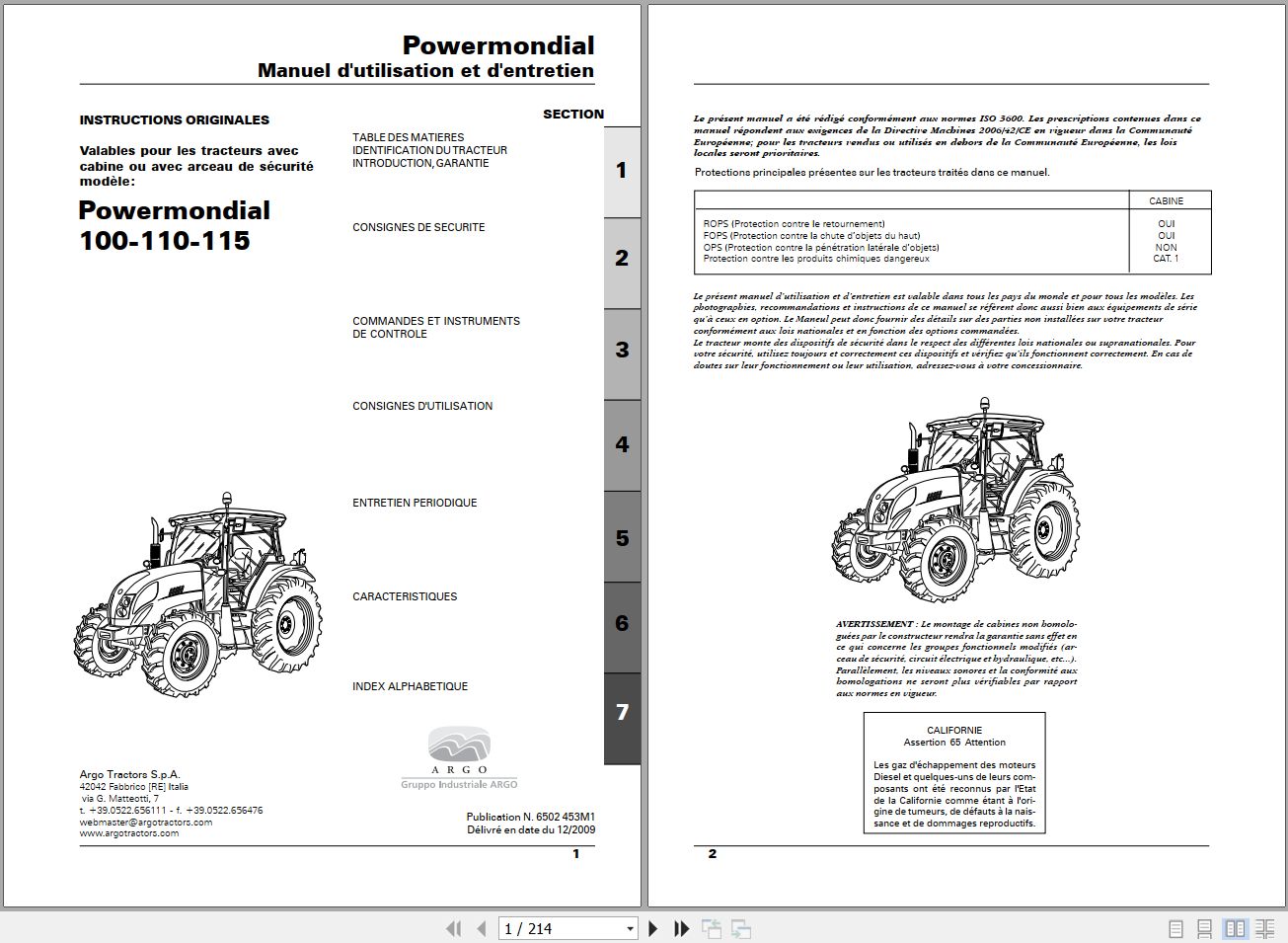 Landini Tractor Powermondial 100 110 115 Operators Maintenance Manual 6502453M1 FR 1