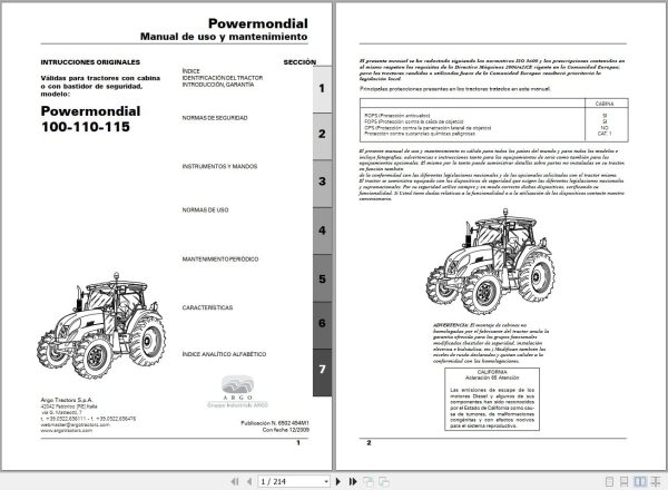 Landini Tractor Powermondial 100 110 115 Operators Maintenance Manual 6502454M1 ES 1