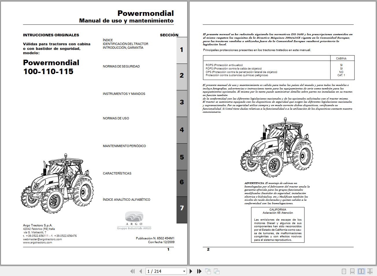 Landini Tractor Powermondial 100 110 115 Operators Maintenance Manual 6502454M1 ES 1