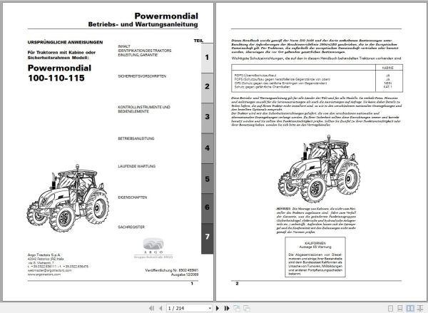 Landini Tractor Powermondial 100 110 115 Operators Maintenance Manual 6502455M1 DE 1