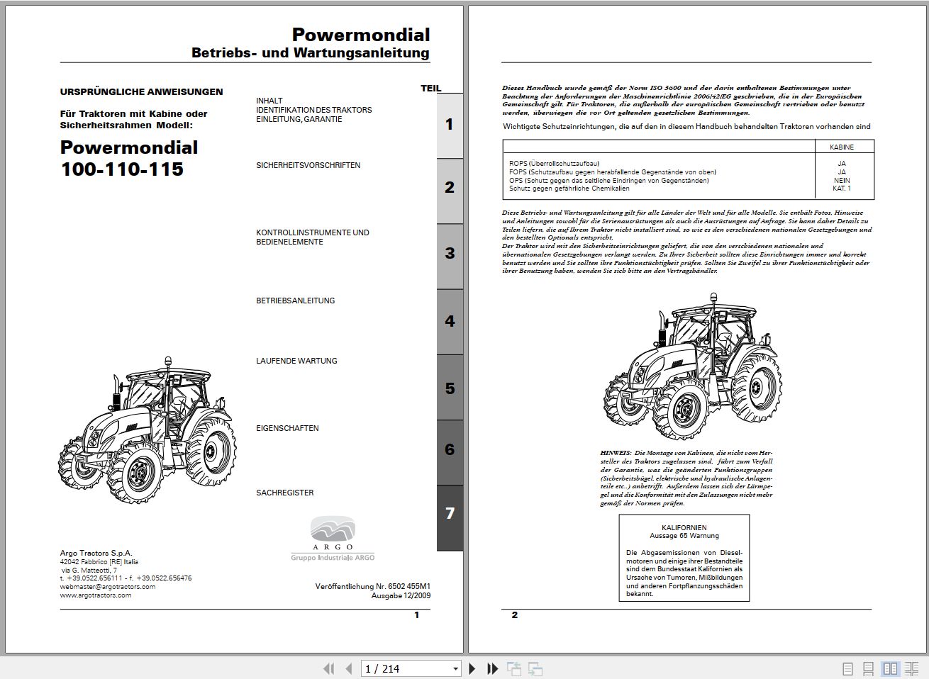 Landini Tractor Powermondial 100 110 115 Operators Maintenance Manual 6502455M1 DE 1