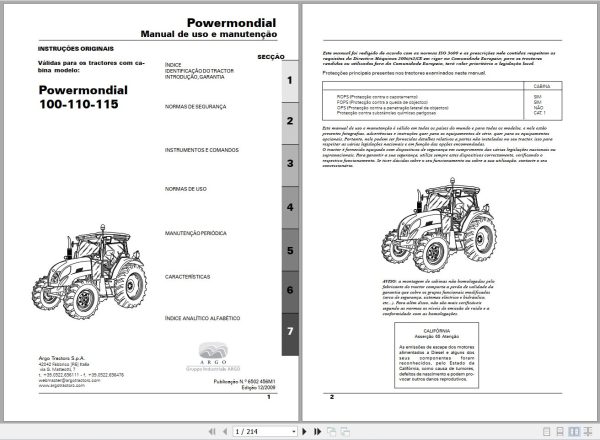 Landini Tractor Powermondial 100 110 115 Operators Maintenance Manual 6502456M1 PT 1