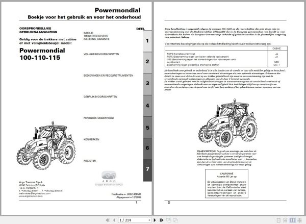 Landini Tractor Powermondial 100 110 115 Operators Maintenance Manual 6502458M1 NL 1