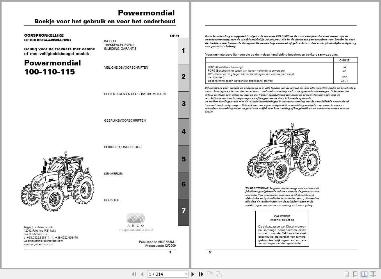 Landini Tractor Powermondial 100 110 115 Operators Maintenance Manual 6502458M1 NL 1