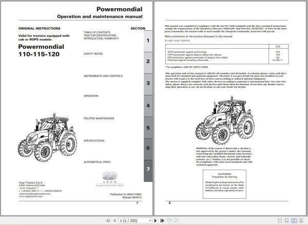 Landini Tractor Powermondial 110 115 120 Operators Maintenance Manual 6505519M1 EN 1