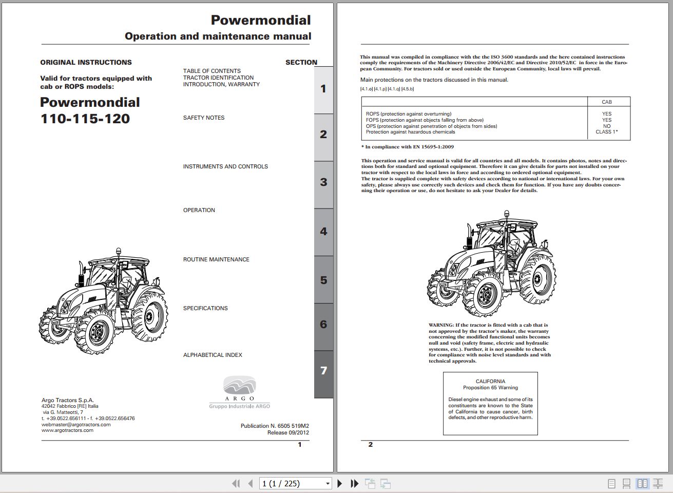 Landini Tractor Powermondial 110 115 120 Operators Maintenance Manual 6505519M1 EN 1