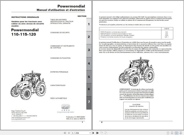 Landini Tractor Powermondial 110 115 120 Operators Maintenance Manual 6505520M1 FR 1