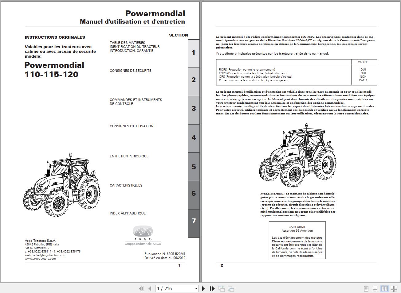 Landini Tractor Powermondial 110 115 120 Operators Maintenance Manual 6505520M1 FR 1
