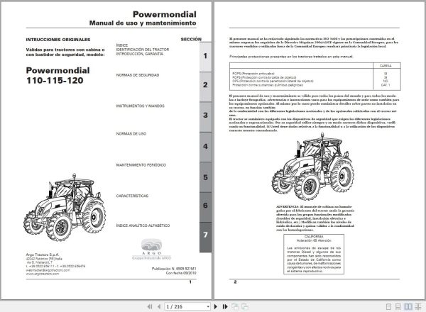 Landini Tractor Powermondial 110 115 120 Operators Maintenance Manual 6505521M1 ES 1