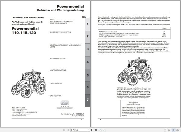 Landini Tractor Powermondial 110 115 120 Operators Maintenance Manual 6505522M1 DE 1