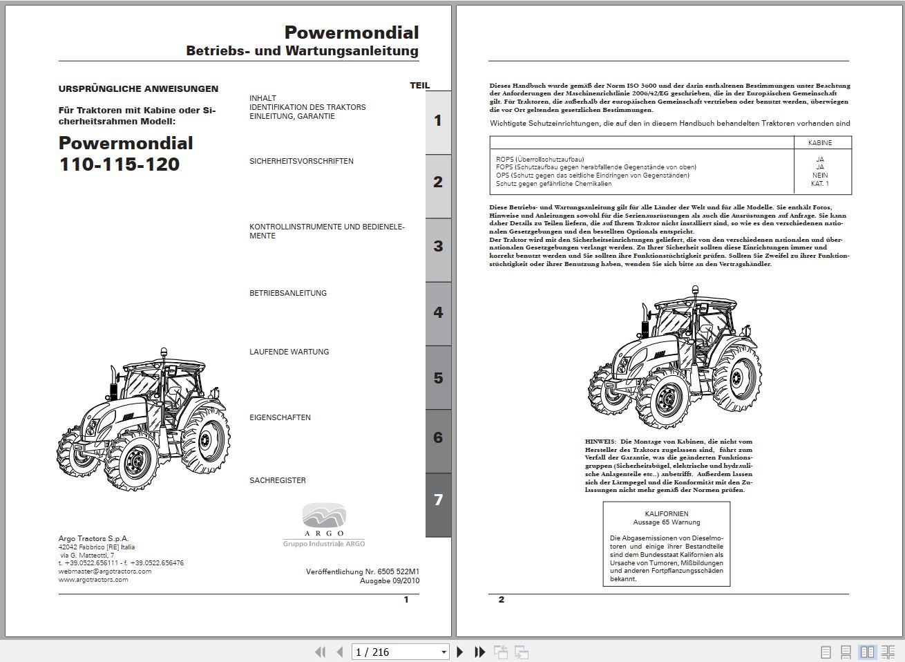 Landini Tractor Powermondial 110 115 120 Operators Maintenance Manual 6505522M1 DE 1