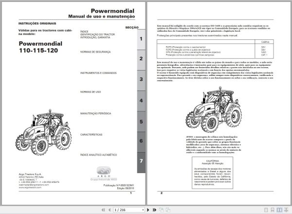 Landini Tractor Powermondial 110 115 120 Operators Maintenance Manual 6505523M1 PT 1