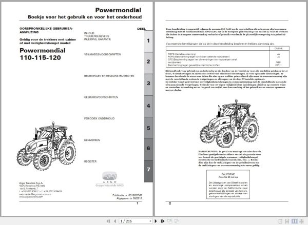 Landini Tractor Powermondial 110 115 120 Operators Maintenance Manual 6510657M1 NL 1