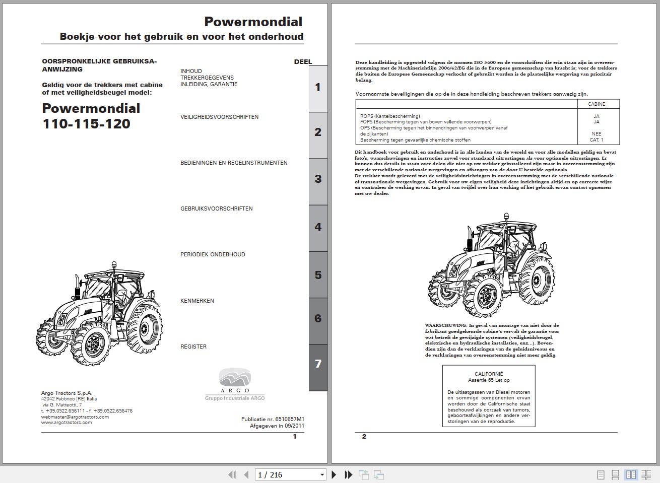 Landini Tractor Powermondial 110 115 120 Operators Maintenance Manual 6510657M1 NL 1