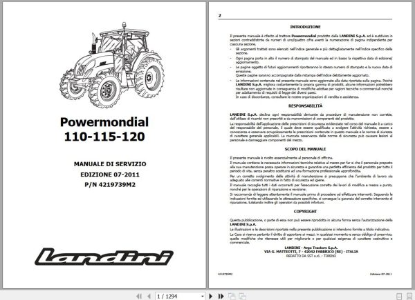 Landini Tractor Powermondial 110 115 120 Service Manual 4219739M2 IT 1