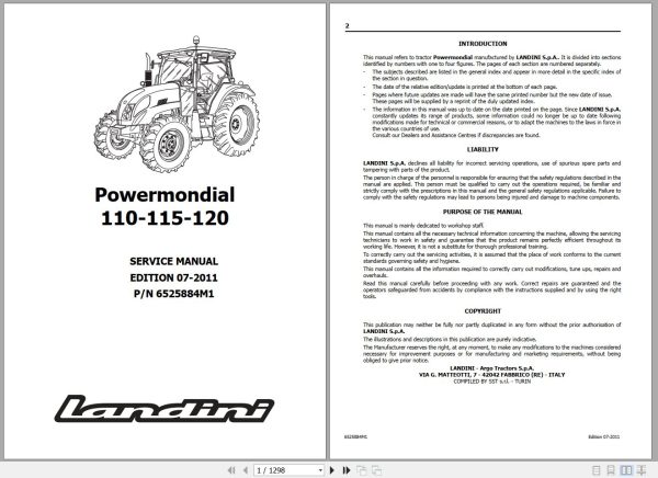 Landini Tractor Powermondial 110 115 120 Service Manual 6525884M1 EN 1