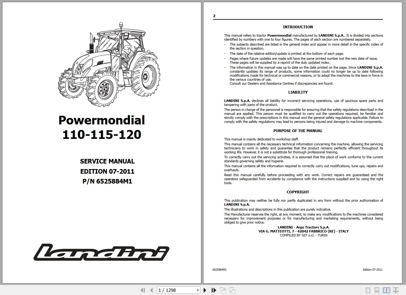 Landini Tractor Powermondial 110 115 120 Service Manual 6525884M1 EN 1