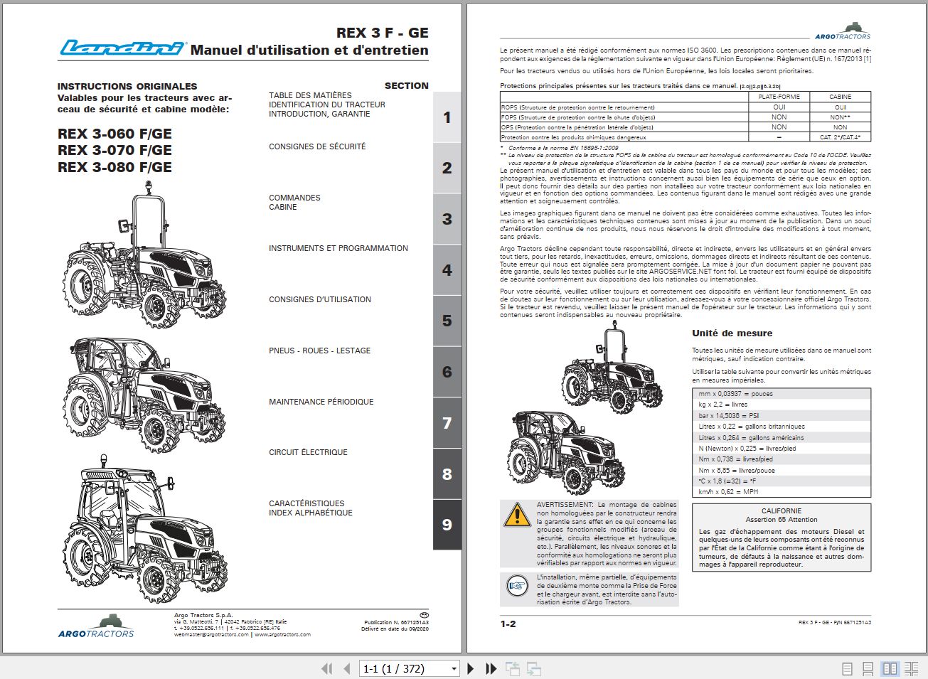 Landini Tractor REX 3 060 F to 3 080 GE Operators Maintenance Manual 6671251A3 FR 1
