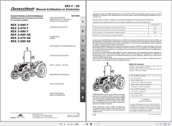 Landini Tractor REX 3 060 F to REX 3 080 GE Operators Maintenance Manual 6647906A1 FR 1