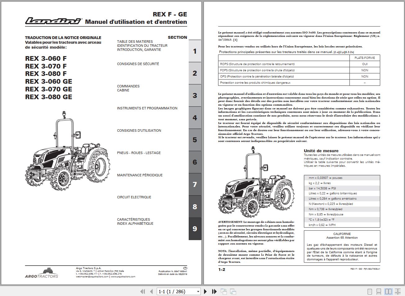 Landini Tractor REX 3 060 F to REX 3 080 GE Operators Maintenance Manual 6647906A1 FR 1