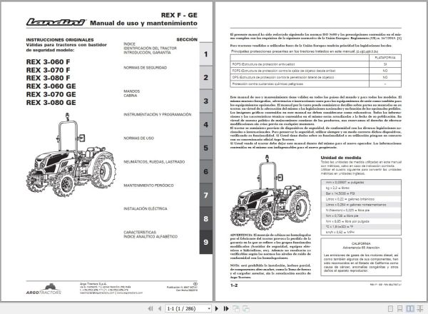 Landini Tractor REX 3 060 F to REX 3 080 GE Operators Maintenance Manual 6647907A1 ES 1