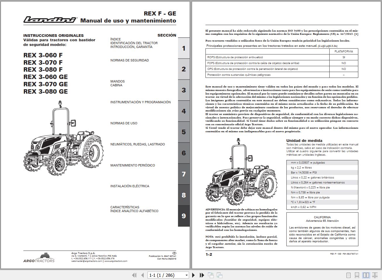 Landini Tractor REX 3 060 F to REX 3 080 GE Operators Maintenance Manual 6647907A1 ES 1