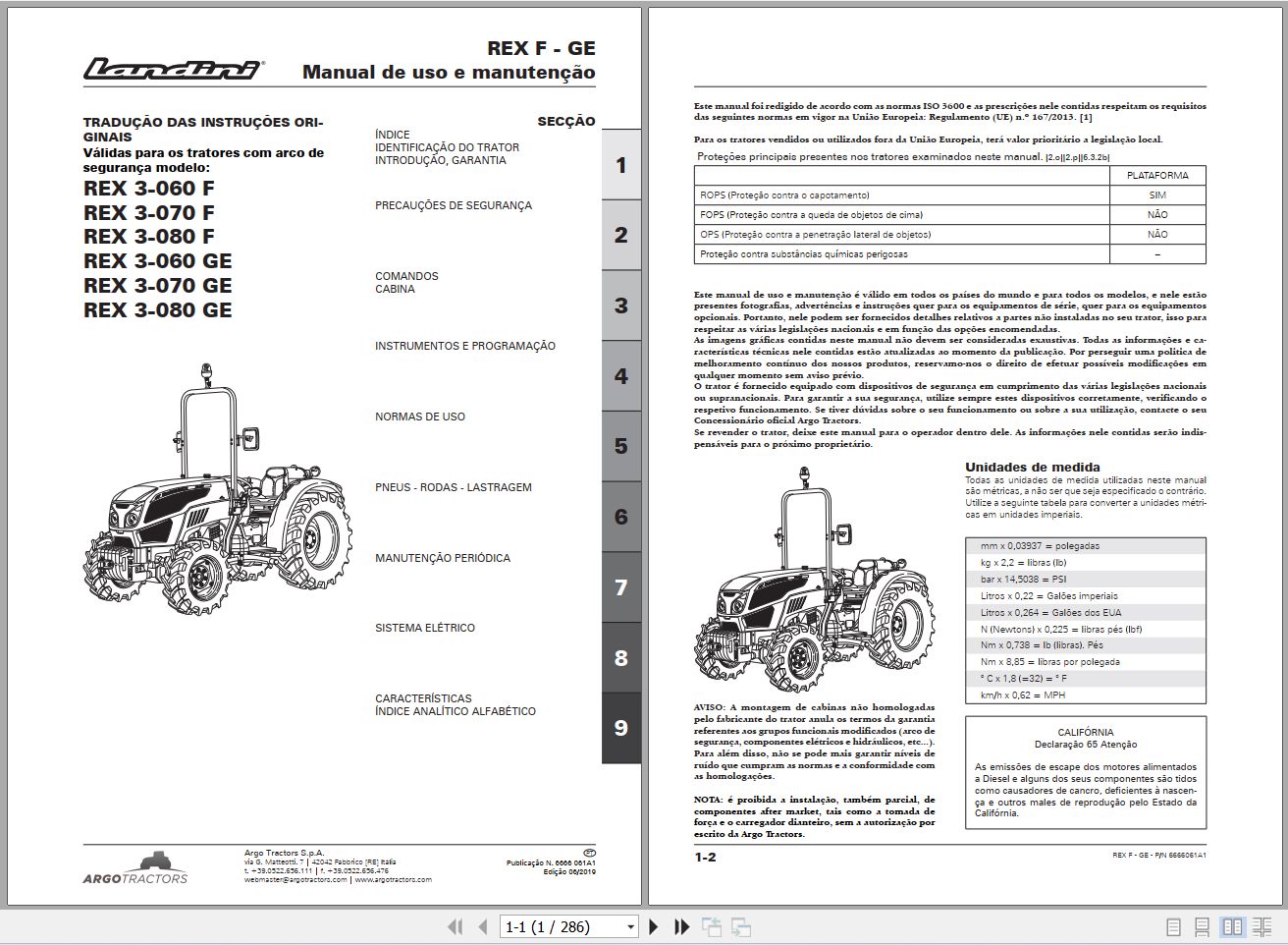 Landini Tractor REX 3 060 F to REX 3 080 GE Operators Maintenance Manual 6666061A1 PT 1