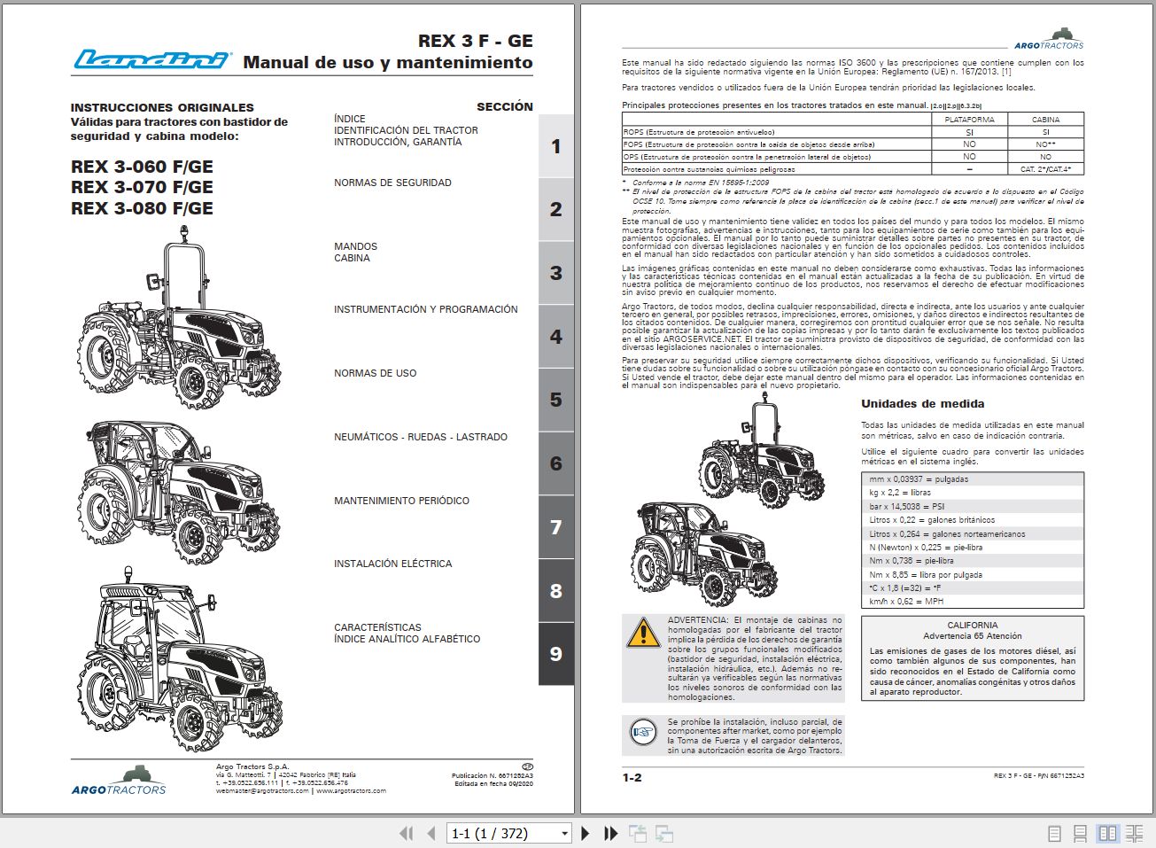 Landini Tractor REX 3 060 F to REX 3 080 GE Operators Maintenance Manual 6671252A3 ES 1