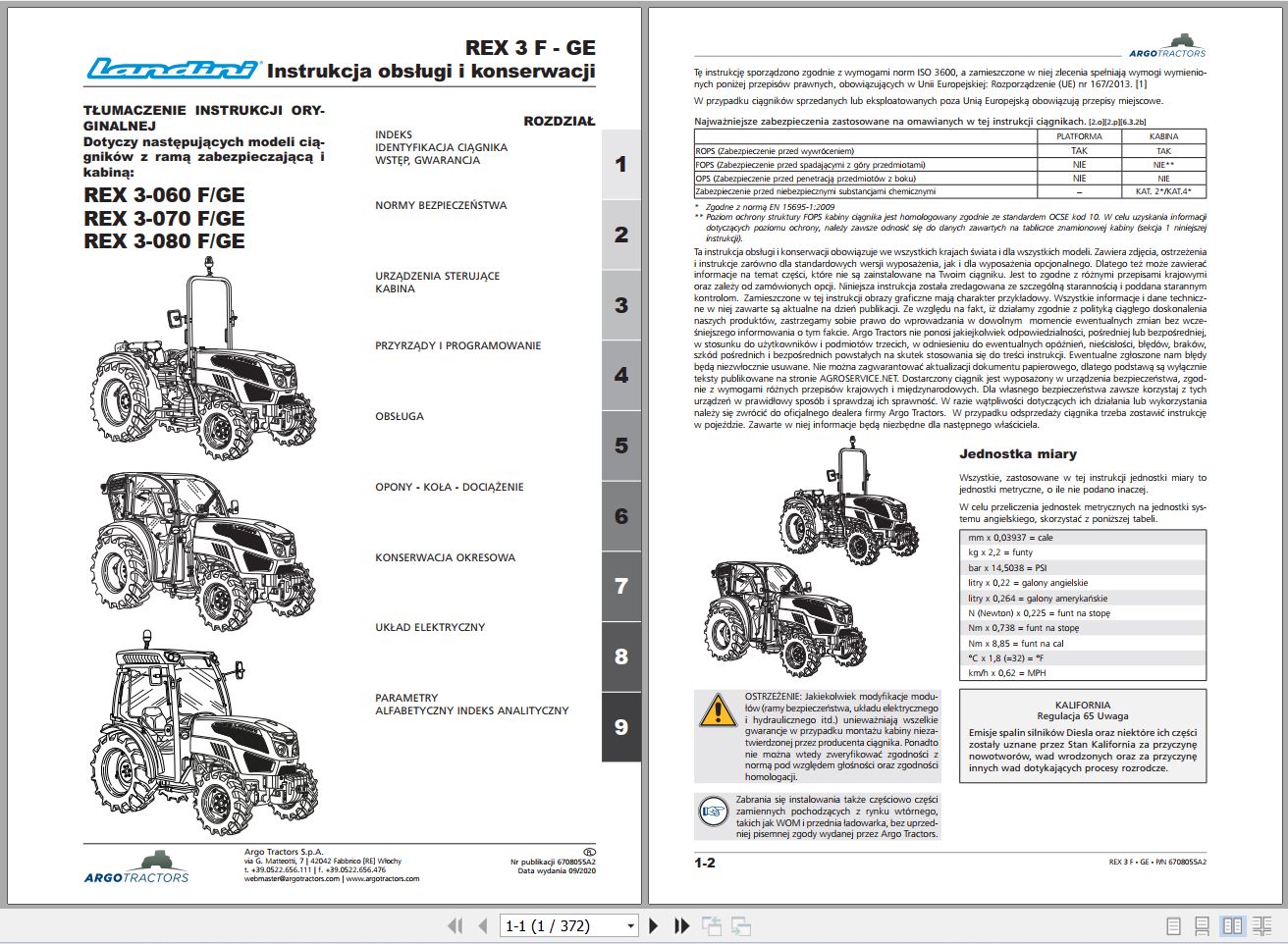 Landini Tractor REX 3 060F to 3 080GE Operators Maintenance Manual 6708055A2 PL 1
