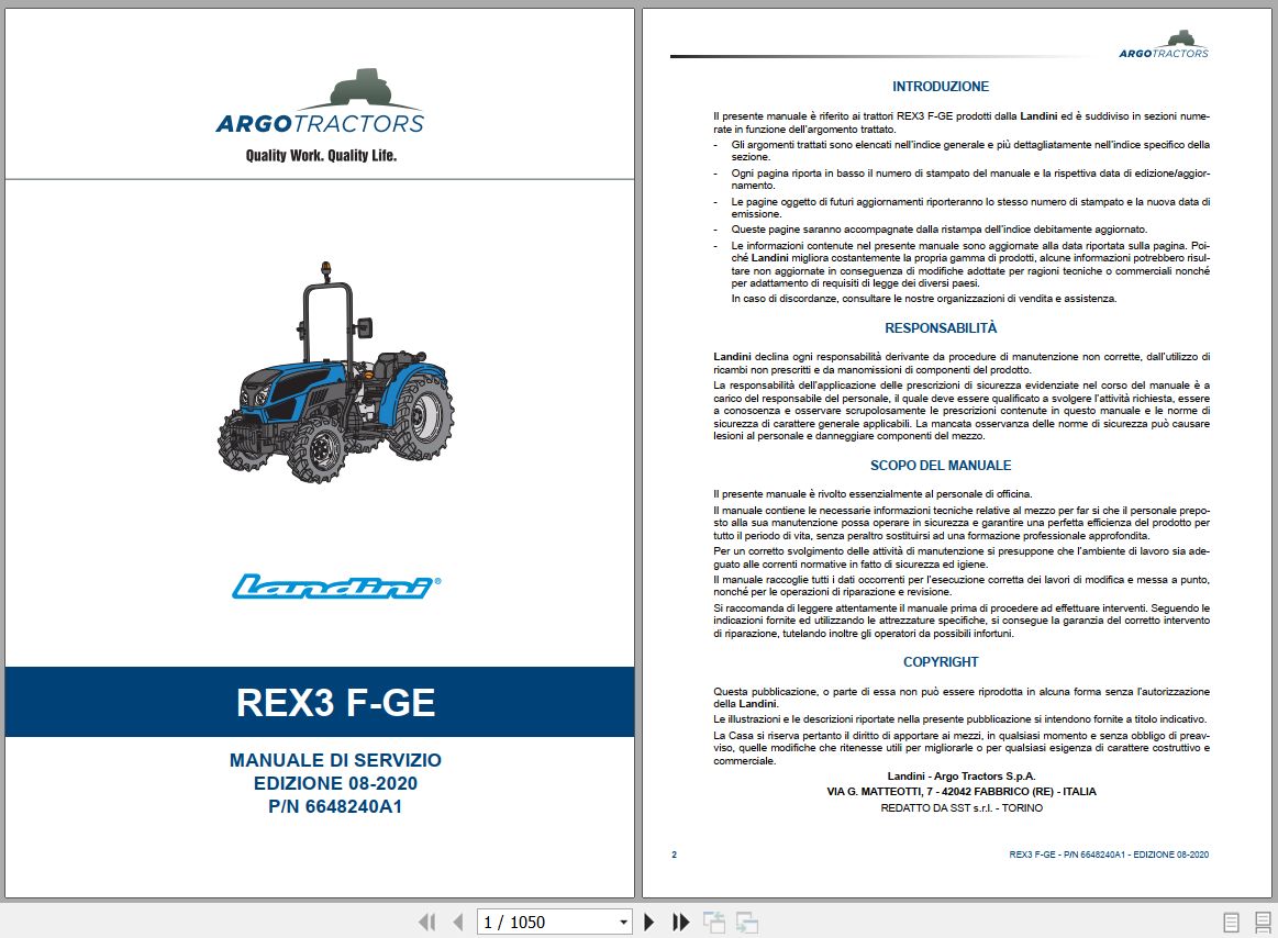 Landini Tractor REX 3 060F to 3 080GE Service Manual 6648240A1 IT 1