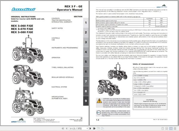 Landini Tractor REX 3 060F to REX 3 080GE Operators Maintenance Manual 6671250A3 EN 1