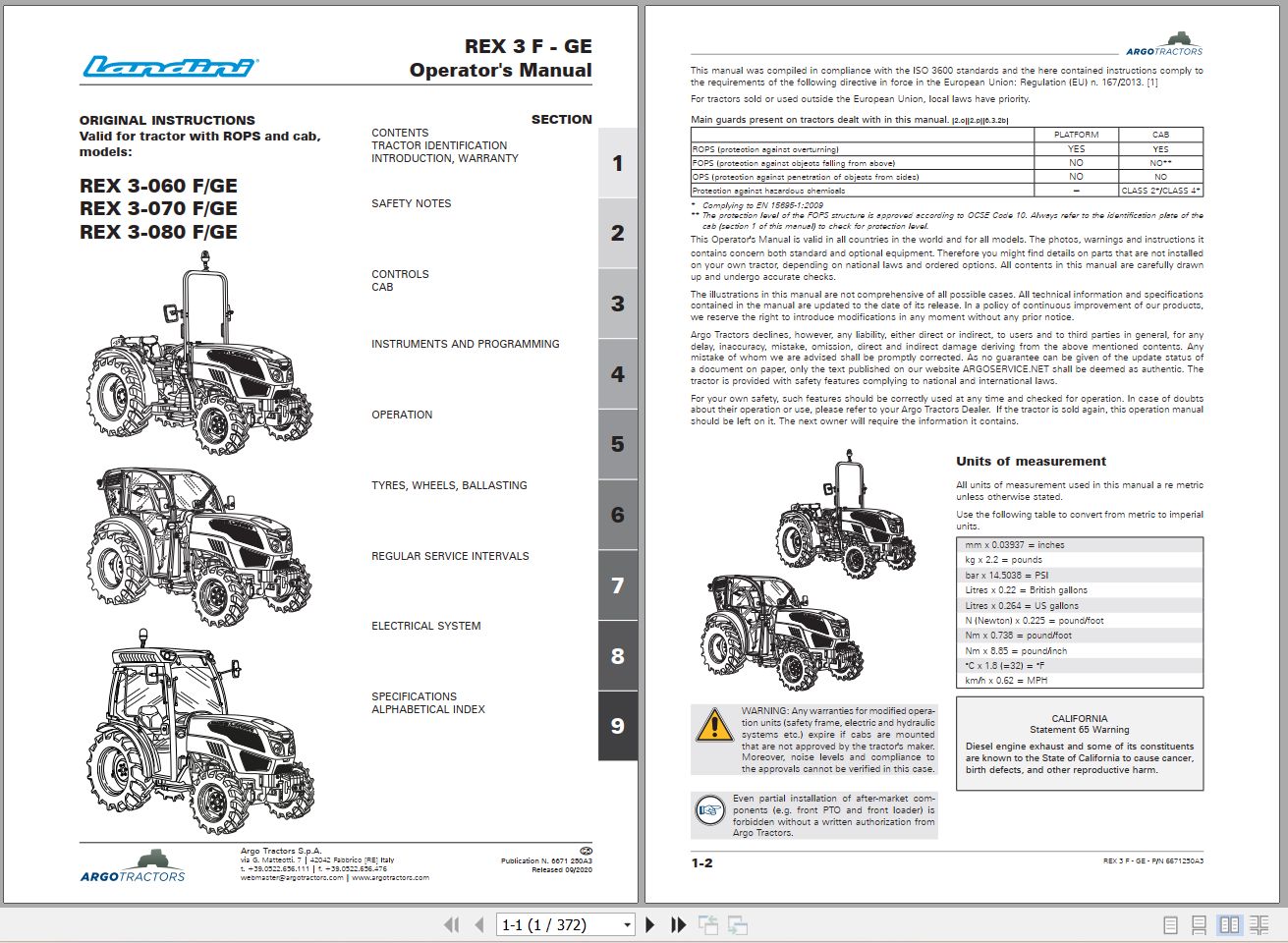 Landini Tractor REX 3 060F to REX 3 080GE Operators Maintenance Manual 6671250A3 EN 1