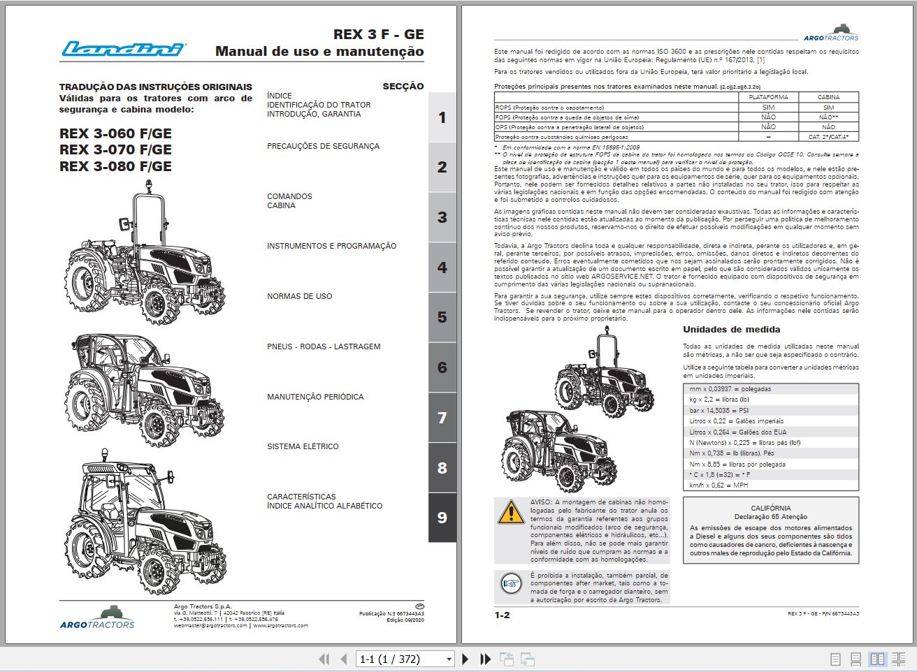 Landini Tractor REX 3 060F to REX 3 080GE Operators Maintenance Manual 6673443A3 PT 1