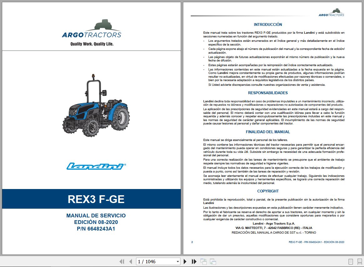 Landini Tractor REX 3 060F to REX 3 080GE Service Manual 6648243A1 ES 1