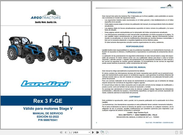 Landini Tractor REX 3 060F to REX 3 080GE Service Manual 6686765A1 ES 2
