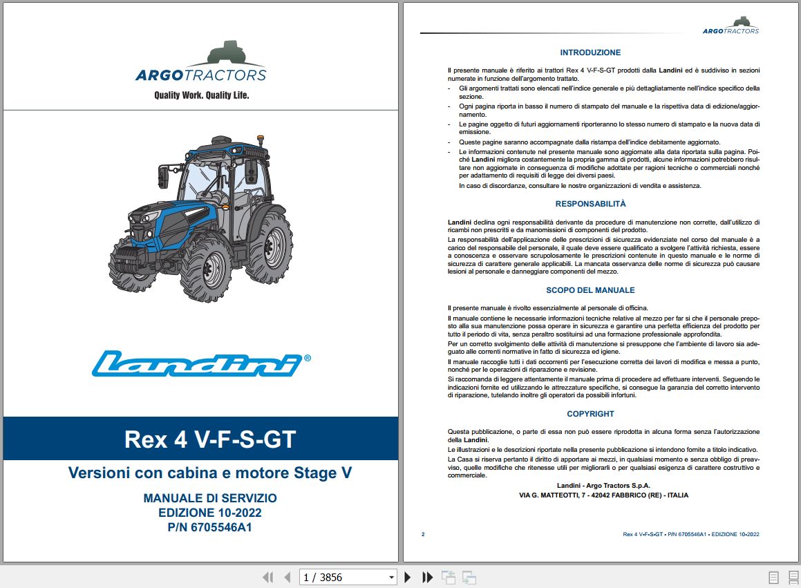 Landini Tractor REX 4 080 to 4 120 Service Manual 6705546A1 IT 1
