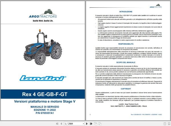 Landini Tractor REX 4 080GE to 4 120GT Service Manual 6705557A1 IT 1