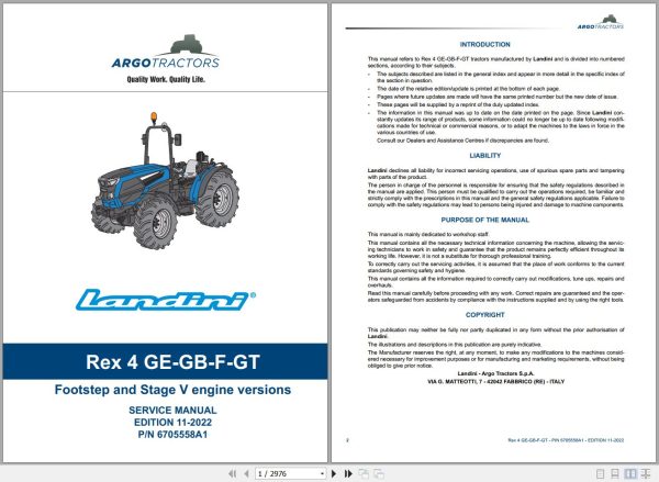 Landini Tractor REX 4 080GE to REX 4 120GT Service Manual 6705558A1 EN 1