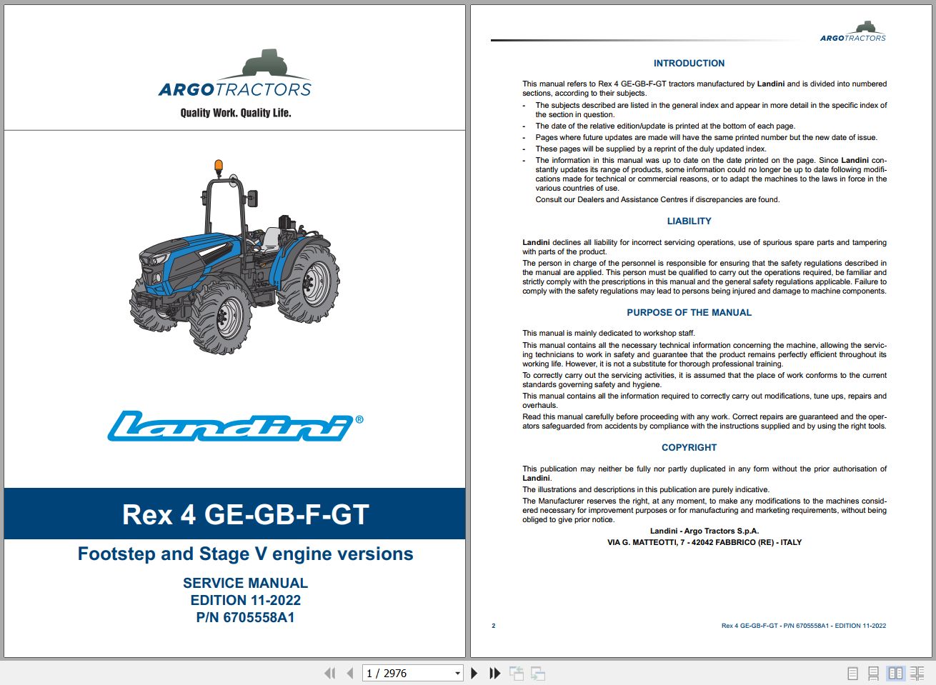 Landini Tractor REX 4 080GE to REX 4 120GT Service Manual 6705558A1 EN 1